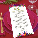 Menu Jardin tropical Colorful Mariage Hibiscus rose<br><div class="desc">Ajoutez un éclat de couleur vive à votre réception de mariage avec ces beaux menus. Le jardin tropical comprend des fleurs d'hibiscus roses chaudes, des feuilles de monstères vert jade et une variété d'autres feuillages. Le titre du script d'or ajoute une touche de classe. Le menu est entièrement personnalisable avec...</div>