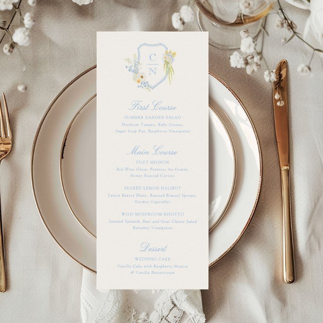 Menu Jaune Beurre Bleu Floral Monogramme Blason Mariage (Créateur téléchargé)