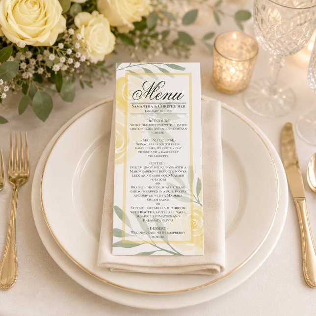 Menu Jaune Beurre et Roses à l'aquarelle Sages Mariage  (Créateur téléchargé)
