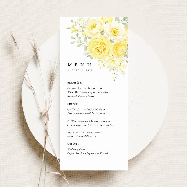 Menu Jaune beurre ivoire Réception de mariage florale (butter yellow ivory floral wedding menu card yellow rose menu elegant reception table setting)