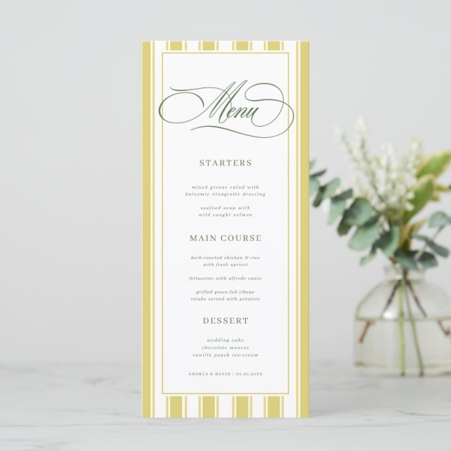 Menu Jaune Vert Clair Rayures Vives Classique Mariage (Debout devant)