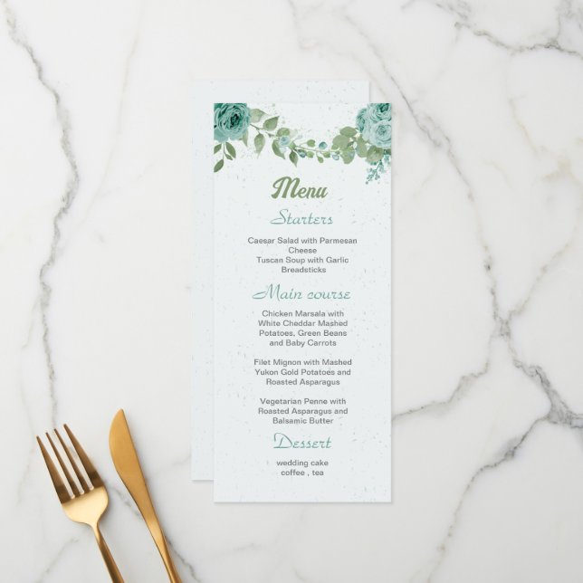 Menu joli bleu fleurs vert feuille botanique (Devant/Arrière en situation)