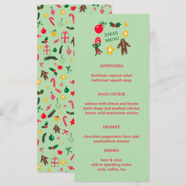 Menu Joli DÉCORS NOËL DE NOËL Dîner Fête (Devant / Derrière)