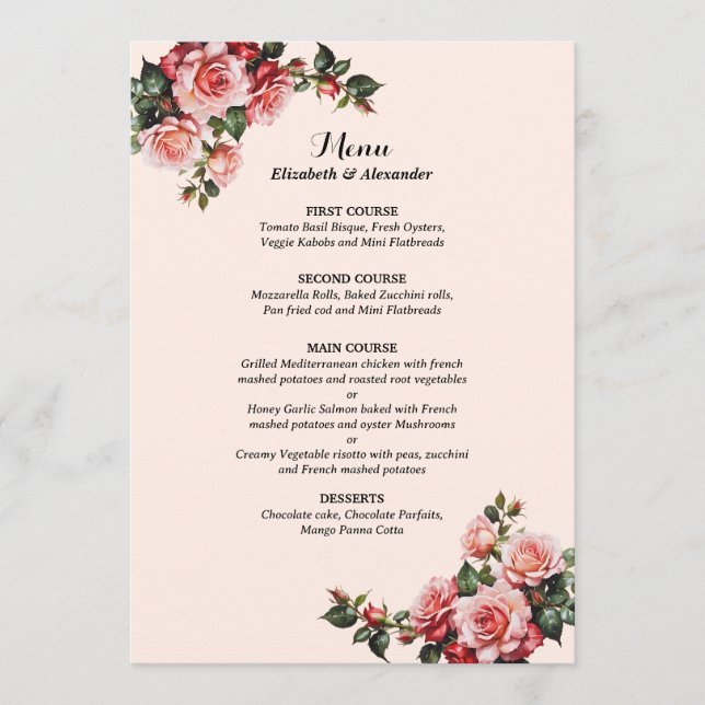 Menu Joli mariage rose et rouge roses (Devant)