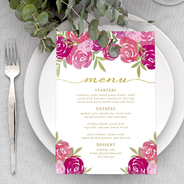 Menu Joli rose et violet Rose Floral Feuille Mariage (Créateur téléchargé)