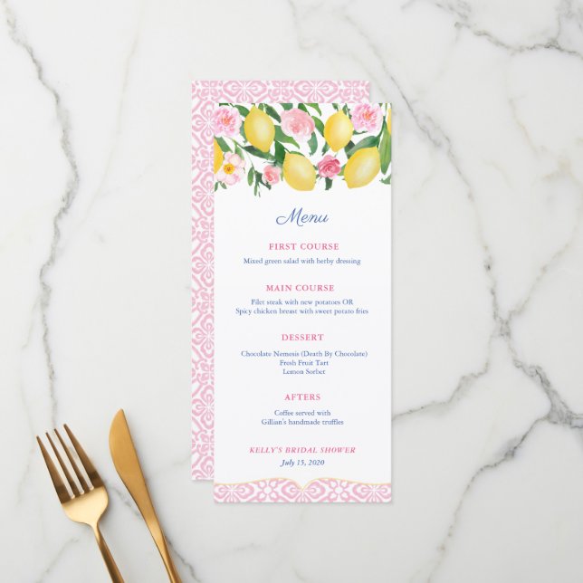 Menu Jolie Fête de Mariage Rose et Blanc Citrus (Devant/Arrière en situation)