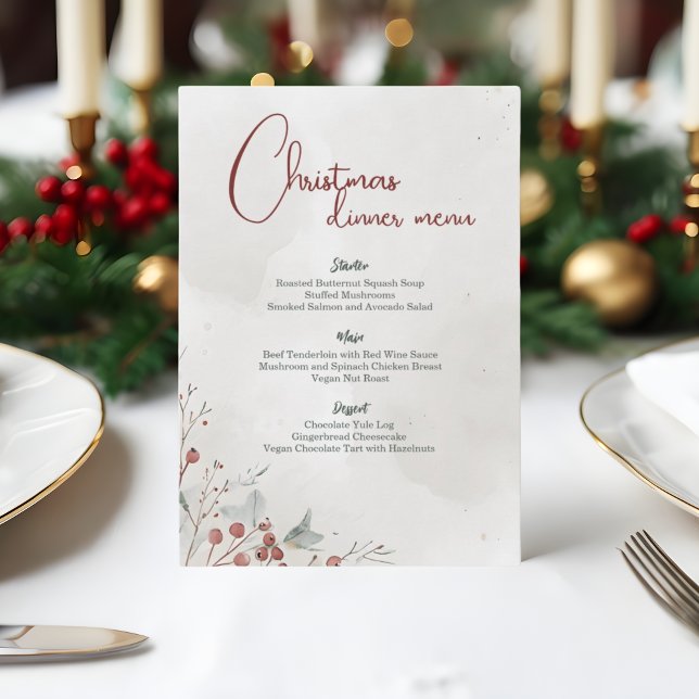 Menu Joyeuse aquarelle de Noël Berry d'hiver non photo (Créateur téléchargé)