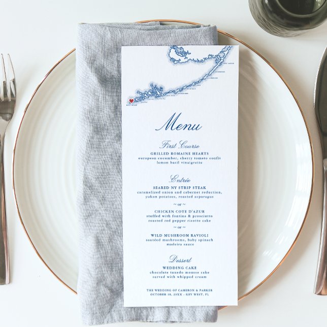 Menu Key West FL Map Élégant Mariage bleu marine (Key West FL Map wedding menu for an elegant navy blue destination wedding from Coastal Map Designs)