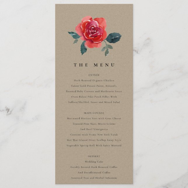 MENU KRAFT COULEUR D'EAU ROUGE VERT ROSE FLORAL MARIAGE (Devant)