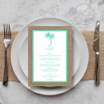 Menu La collection Tropical Palm Tree Beach Wedding<br><div class="desc">La collection de palmiers tropicaux de mariage sur la plage est parfaite pour tout couple qui souhaite se marier romantique en bord de mer. L'arrière - plan rustique effet burlap donne à ces cartes de menu un aspect boho-chic, tandis que le vert minty est une tonalité fraîche et cool qui...</div>
