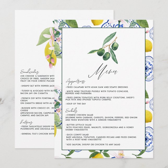Menu La Dolce Vita Lemon & Olive Méditerranéen Mariage (Devant / Derrière)