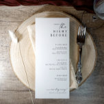 Menu La Nuit Avant Le Dîner De La Répétition Mariage<br><div class="desc">Moderne et raffiné, cet élégant menu de dîners de répétition propose un texte manuscrit élégant avec "la veille" en haut et "un jour plus loin" en bas - un clin d'oeil parfait à la célébration à venir. Le format haut et rationalisé offre un espace suffisant pour afficher chaque parcours de...</div>