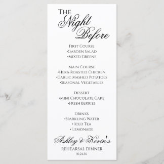 Menu La Nuit Avant le Dîner de Répétition