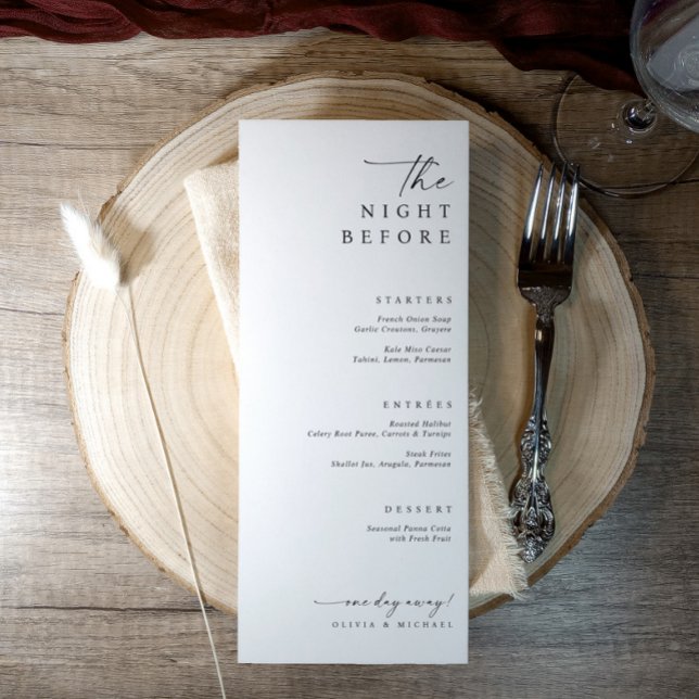 Menu La Nuit Avant le Dîner de Répétition de Mariage (The night before wedding rehearsal dinner menus featuring simple elegant handwriting)