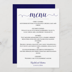 Menu Lacy Calligraphie Marine Bleu et blanc Mariage