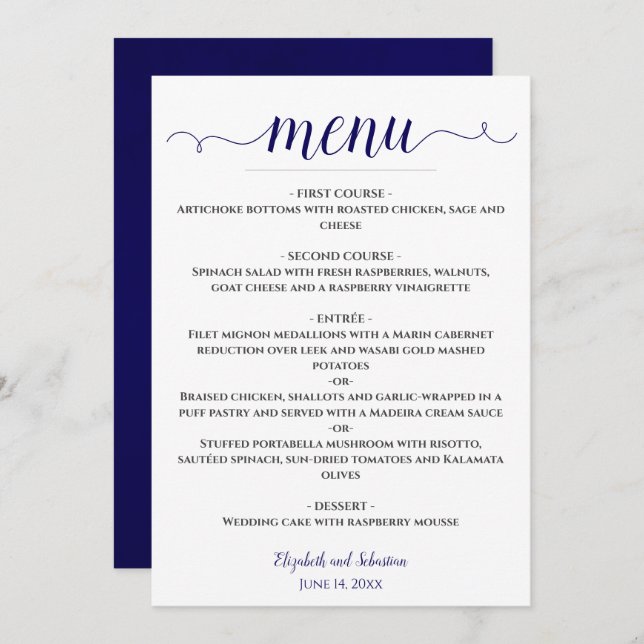 Menu Lacy Calligraphie Marine Bleu et blanc Mariage (Devant / Derrière)