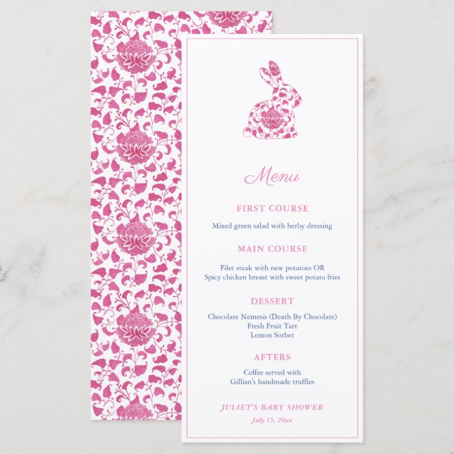 Menu Lapin de Chinoiserie Rose Fête de Mariage (Devant / Derrière)