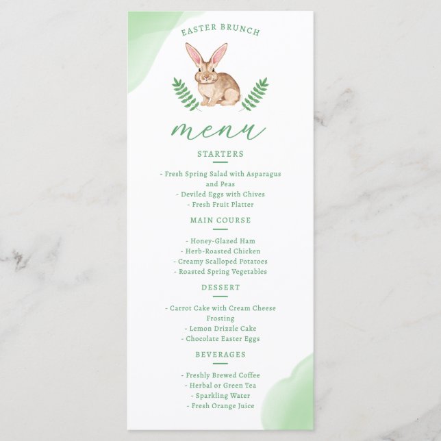 Menu Lapin mignon aquarelle marron et verdure de Pâques (Devant)