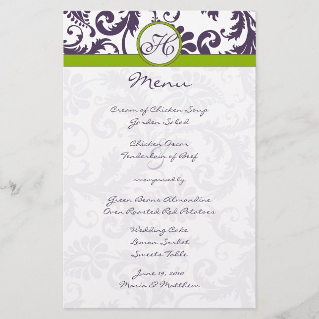 Menu Lapis Purple et Apple Green Mariage damassé (Devant)