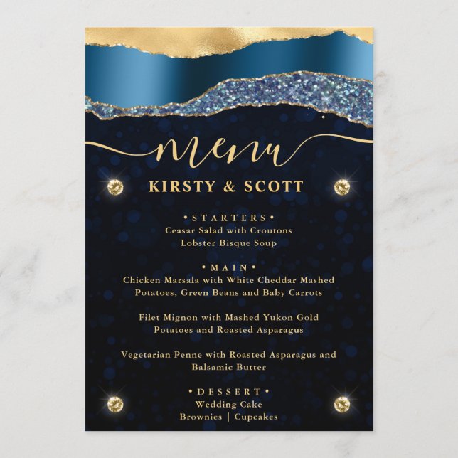 Menu Larmes de glamour bleu et or Mariage Bokeh (Devant)