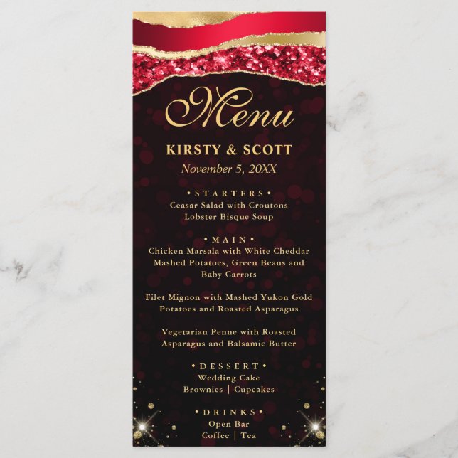 Menu Larmes de glamour rouge et or Mariage Bokeh (Devant)