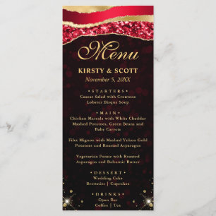 Menu Larmes de glamour rouge et or Mariage Bokeh