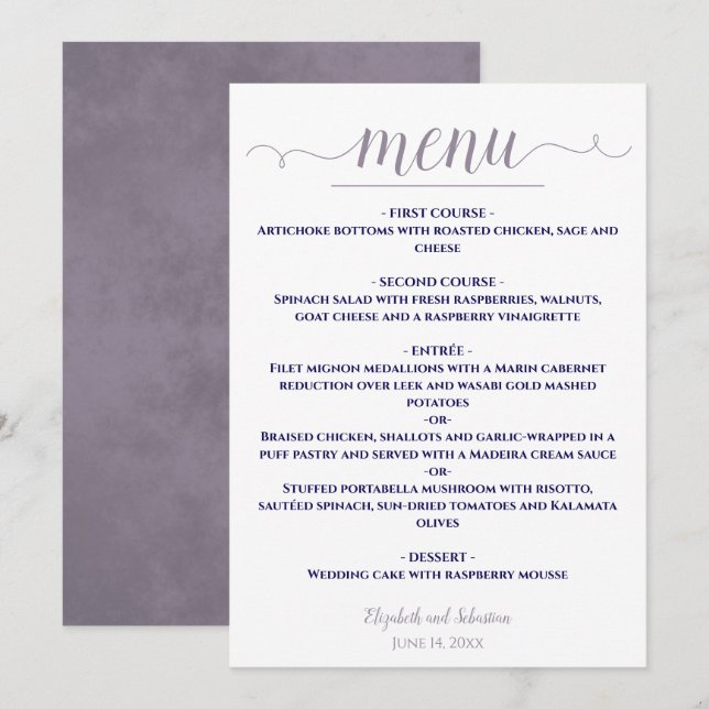 Menu Lavande blanche simple et élégante et Mariage bleu (Devant / Derrière)