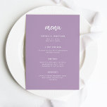 Menu Lavande de script minimaliste moderne | MARIAGE<br><div class="desc">Cette carte de menu mariage minimaliste et élégante propose une typographie de script blanc moderne et un texte sans serif propre sur un arrière - plan lavande clair violet coloré pour un design simple et élégant que vous aimerez.</div>