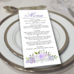 Menu Lavande Purple Aquarelle Florale Élégant Mariage<br><div class="desc">Ce magnifique menu mariage présente un design boho chic rustique avec un titre de calligraphie script et un ensemble de roses aquarelles peints à la main, des fleurs et de la verdure dans les tons de lavande pâle et violet lilas. Le texte est entièrement personnalisable avec de l'espace pour le...</div>