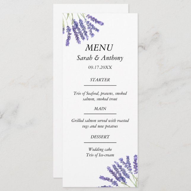 Menu Lavande Purple Floral Aquarelle Mariage (Devant / Derrière)