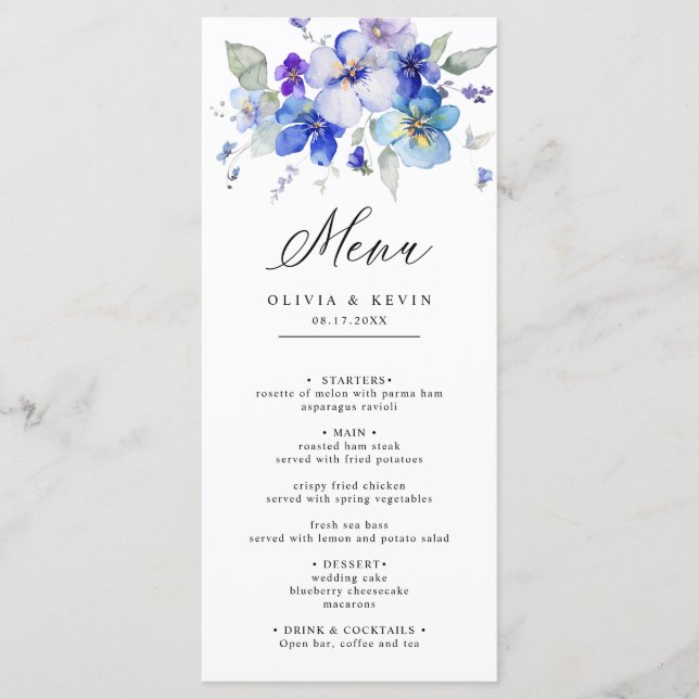Menu Lavande violette bleu marine Dusty Floral Mariage (Devant)