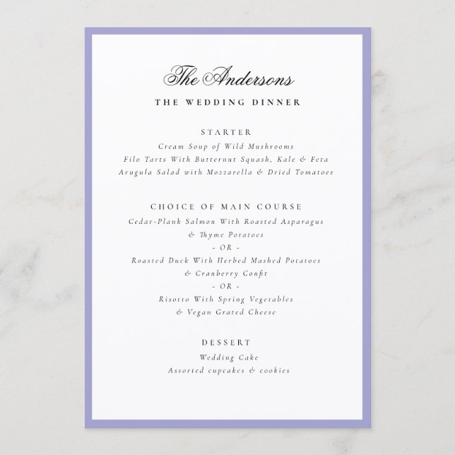 Menu Lavender Frame Calligraphy Name Wedding Dinner (Devant)