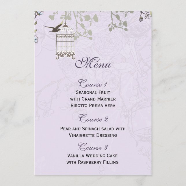 Menu Lavender Lilac oiseaux de cage vintage mariage (Devant)