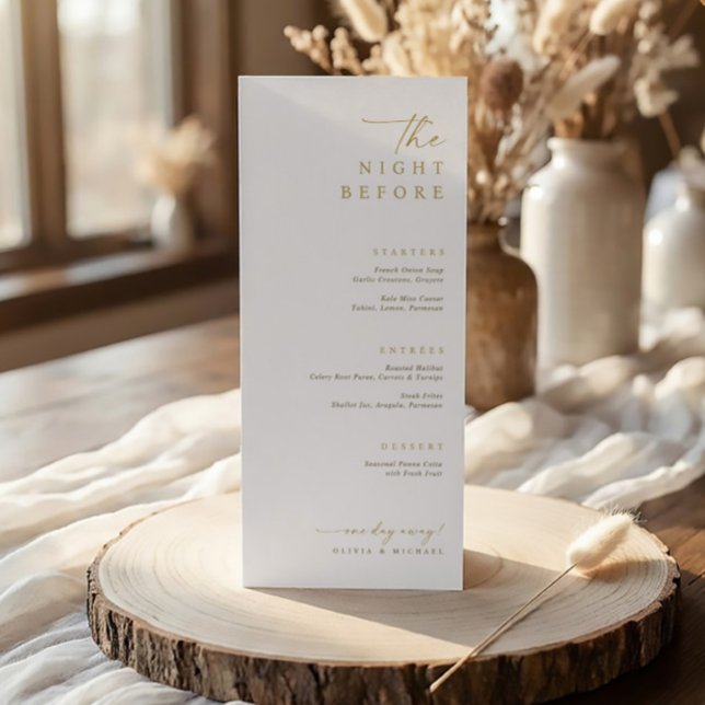 Menu Le Dîner de Répétition de la Veille de Noces d'Or (Elegant gold rehearsal dinner menus - the night before - elegant handwriting)