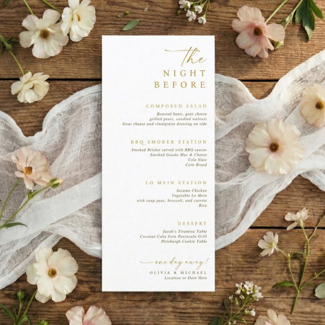 Menu Le Dîner de Répétition de Mariage La Nuit Avant Or (Elegant gold wedding rehearsal dinner menus - 4 stations or courses - in elegant handwriting.)
