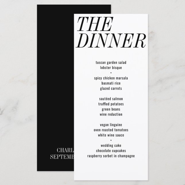Menu Le dîner Mariage unique de typographie noir blanc (Devant / Derrière)
