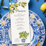 Menu Lemon Grove Rustique Italien thème Mariage<br><div class="desc">Le menu du mariage Lemon Grove est entièrement modifiable. Le design se compose d'un citronnier, de carreaux méditerranéens bleus et jaunes et d'une branche de citrons aux fleurs florales et verdoyantes. Parfait pour un thème mariage citron, mariage d'inspiration italienne, villa méditerranéenne rustique esthétique, couleurs mariage bleues et jaunes ou mariage...</div>