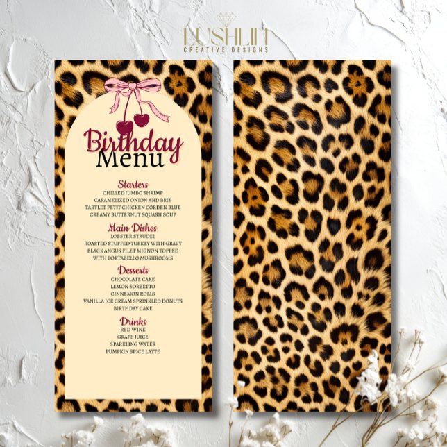 Menu Leopard Cherry Pink Bow Birthday  (Créateur téléchargé)