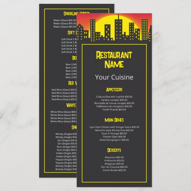 Menu Lever de soleil sur la ville, Restaurant Mince (Devant / Derrière)