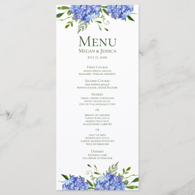 Menu LGBTQ Blue Hydrangeas Floral Mariage (Devant)