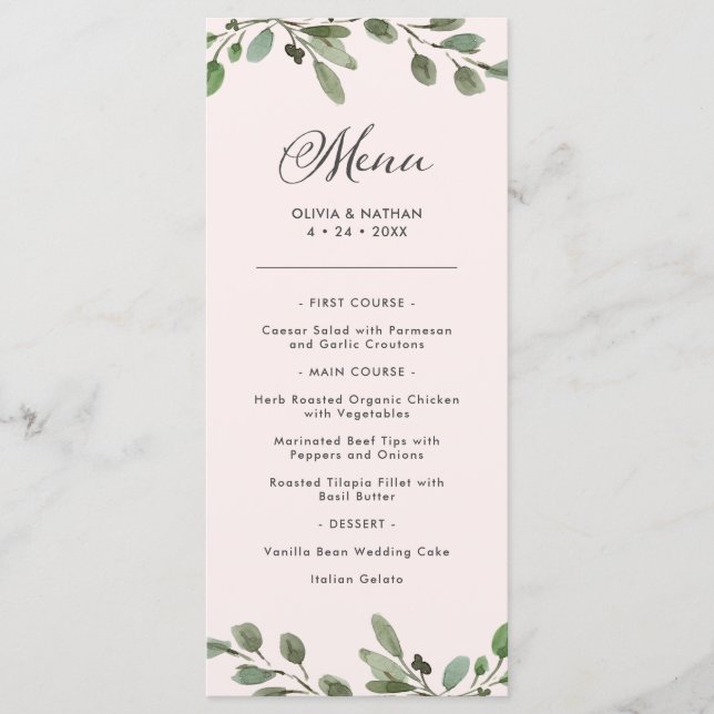 Menu Liage minimal | Mariage rose pâle (Devant)