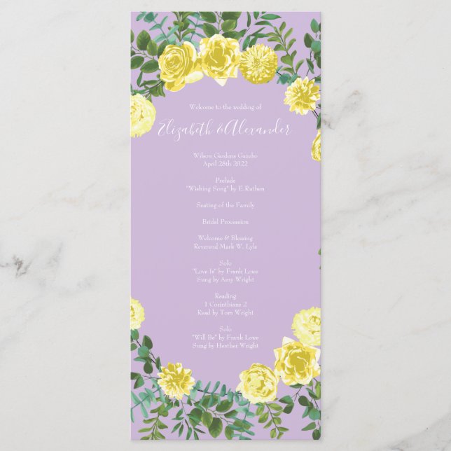 Menu Light Yellow Lilac Purple Rose Wedding Programs 2 (Devant)