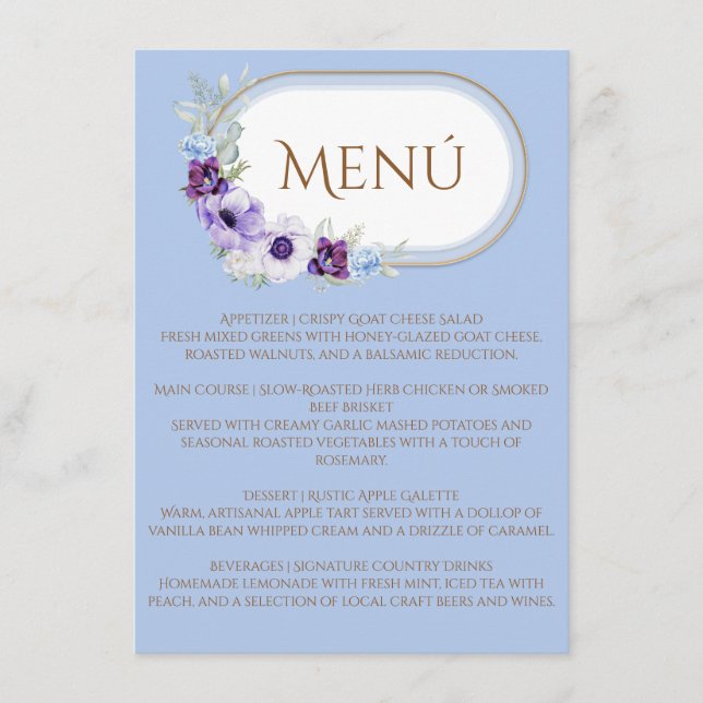 Menu Lilac and Violet Floral Blue Oval Gold (Devant)
