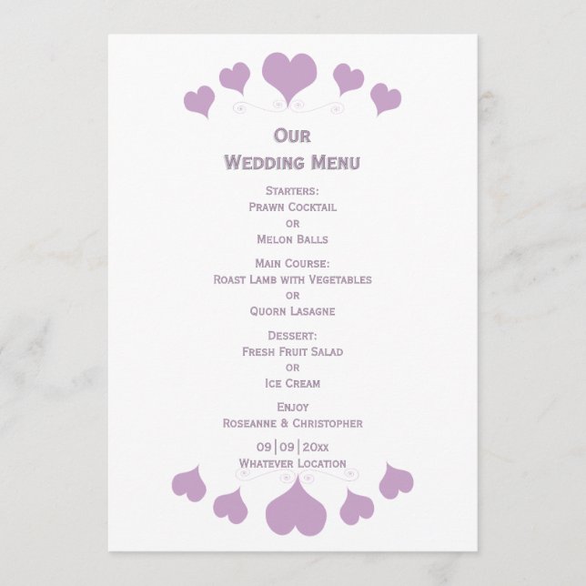 Menu Lilac Hearts Design Wedding (Devant)