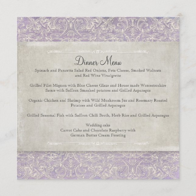 Menu Lilac Vintage français Régence Lace Mariage dressé (Devant)