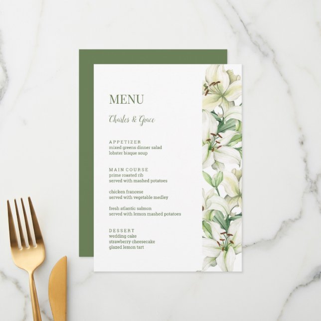 Menu LILY Blossom Elegance Mariage (Devant/Arrière en situation)