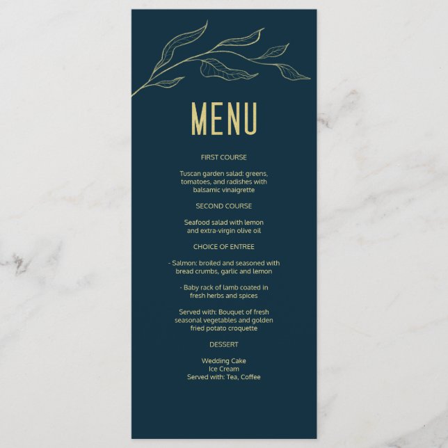 Menu Line Art Gold Feuilles Deep Blue Elegant Wedding (Devant)