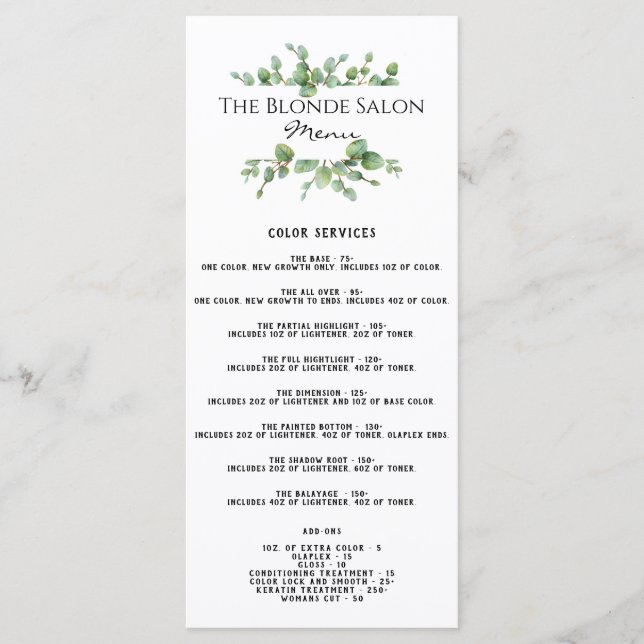 Menu Liste des prix du salon (Devant)