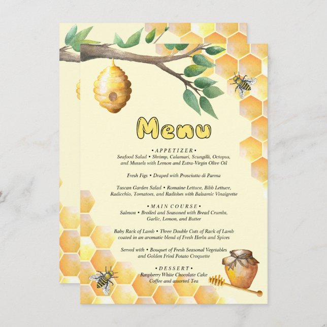 Menu Little Bee Baby shower (Devant / Derrière)