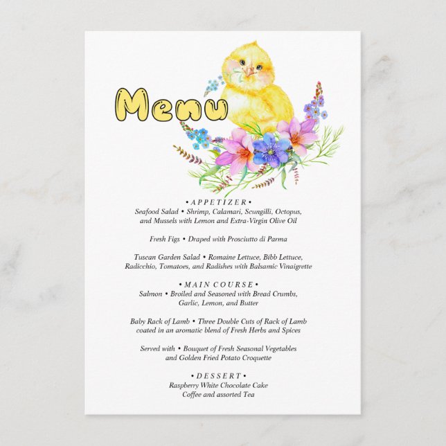 Menu Little Chick Baby shower (Devant)